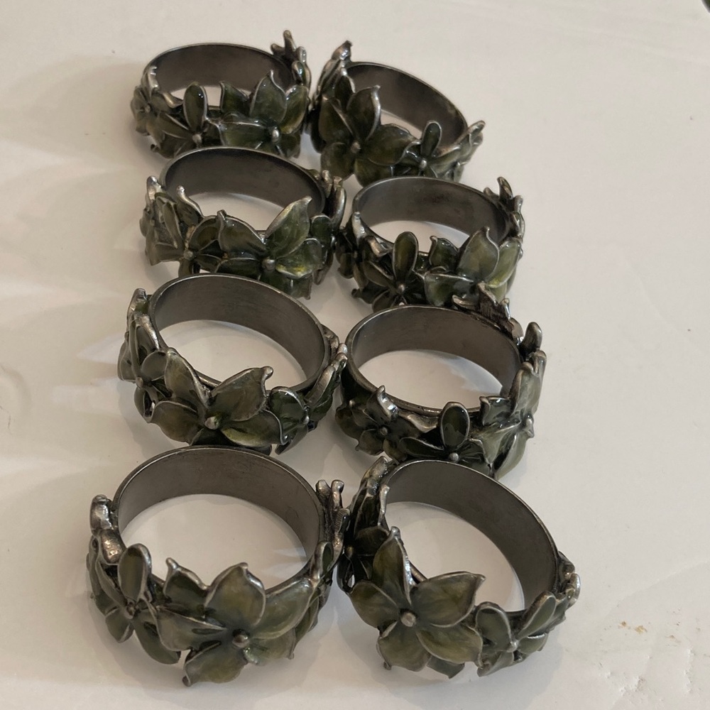 Pottery barn enamel napkin ring and floral slivertone green